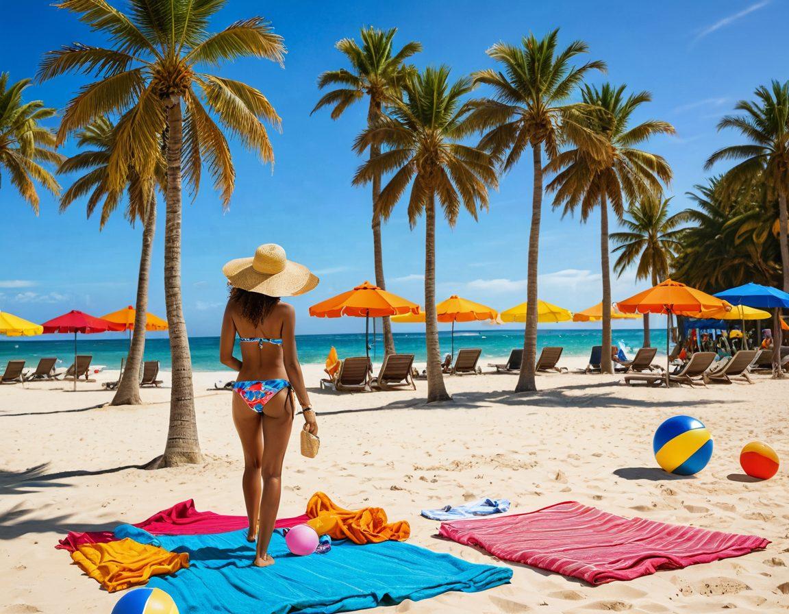 A lively beach scene showcasing diverse individuals wearing the latest bikini trends and beachwear essentials, with colorful towels and beach balls scattered around. The bright sun illuminates palm trees swaying in the gentle breeze, while a sparkling ocean waves slightly in the background. Add playful elements like sunglasses and beach hats, capturing the carefree essence of summer fashion. vibrant colors. super-realistic. summer vibe.